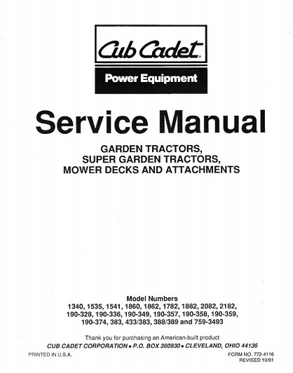 Cub Cadet 1340-2182 Garden Tractors Service Repair Manual