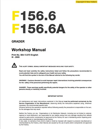 New Holland F156.6 F156.6A Grader Workshop Service Manual