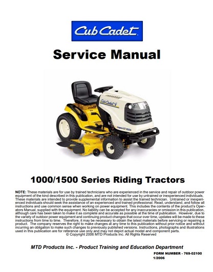 Cub Cadet 1000/1500 Series Riding Tractors Service Manual