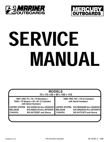 Mercury Mariner Outboard 70 75 80 90 100 115 HP Service Manual