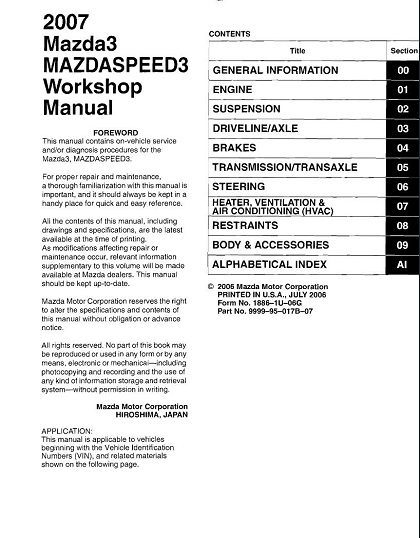 2007 Mazda 3, Mazdaspeed 3 Workshop Service Manual