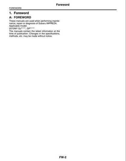 2012 Subaru Impreza Service Repair Manual