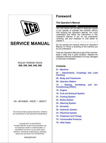 JCB Rough Terrain ForkLifts 926, 930, 940, 950 Service Repair Manual