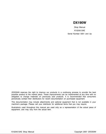 Doosan DX190W Wheel Excavator Service Shop Manual