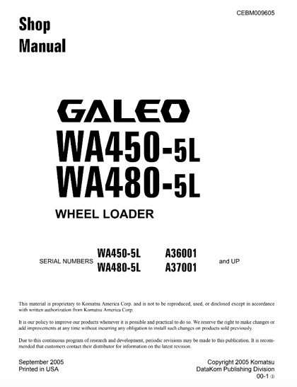 Komatsu WA450-5L, WA480-5L Galeo Wheel Loader Service Manual