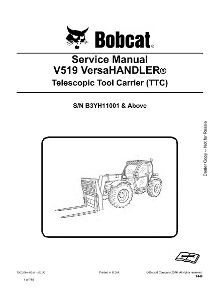 Bobcat V519 VersaHandler Telescopic Tool Carrier (TTC) Service Manual