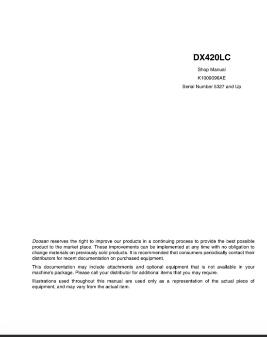 Doosan Daewoo DX420LC Hydraulic Excavator Service Manual