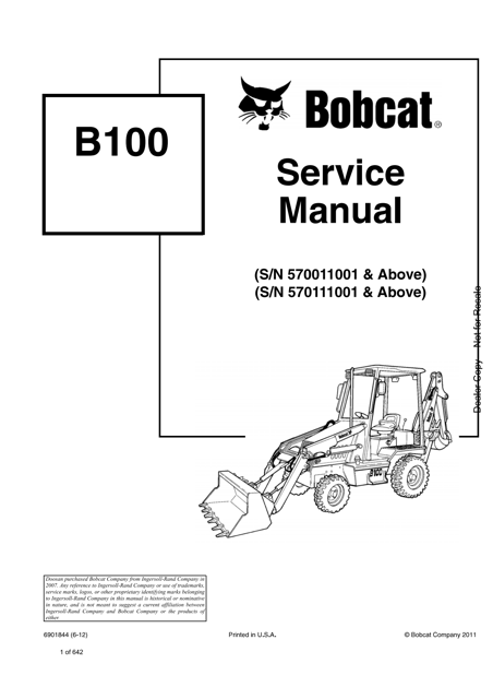 Bobcat B100 Loader Backhoe Service Repair Manual