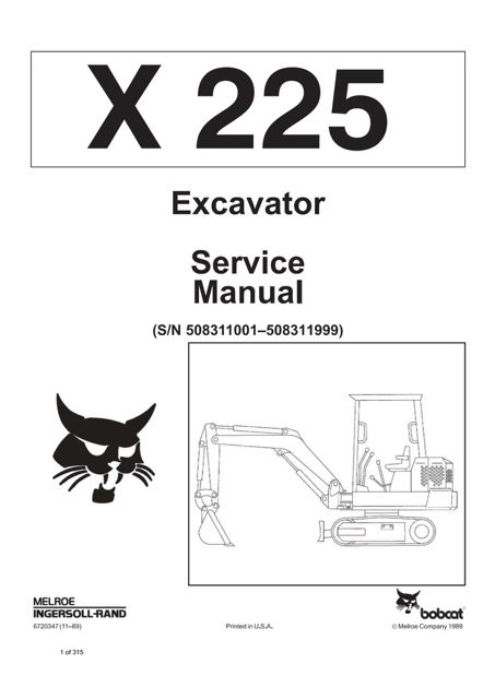 Bobcat X225 Hydraulic Excavator Service Manual