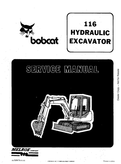 Bobcat 116 Hydraulic Excavator Service Manual