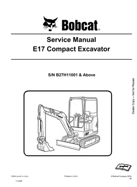 Bobcat E17 Compact Excavator Service Repair Manual