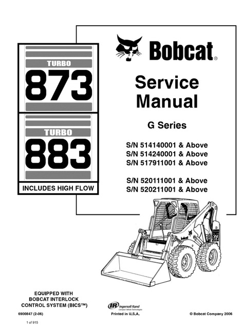 Bobcat Turbo 873, Turbo 883 Includes High Flow Skid Steer Loader (G Series) Service Manual