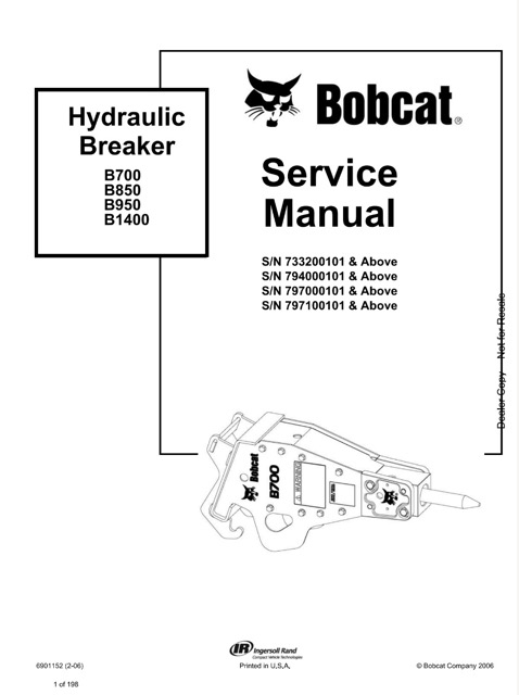 Bobcat B700, B850, B950, B1400 Hydraulic Breaker Service Manual