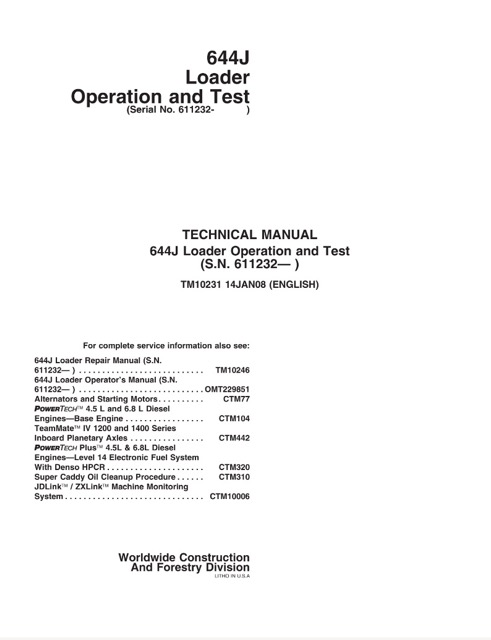 John Deere 644J Loader Operation and Tests Technical Manual