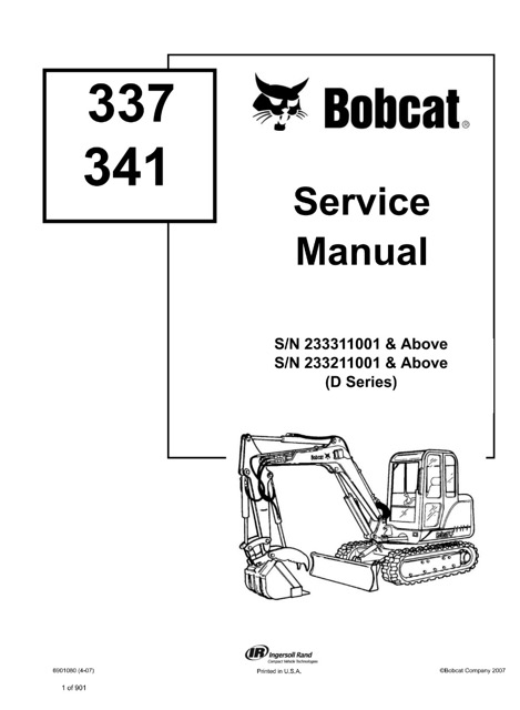 Bobcat 337, 341 Compact Excavator (D Series) Service Manual