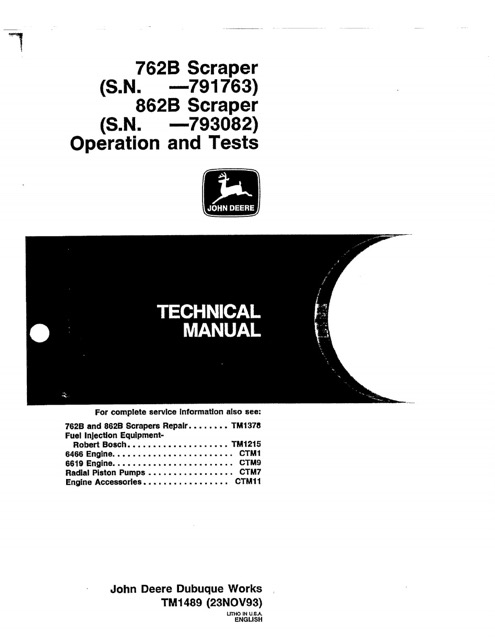 John Deere 762B, 862B Scraper Operation and Tests Technical Manual