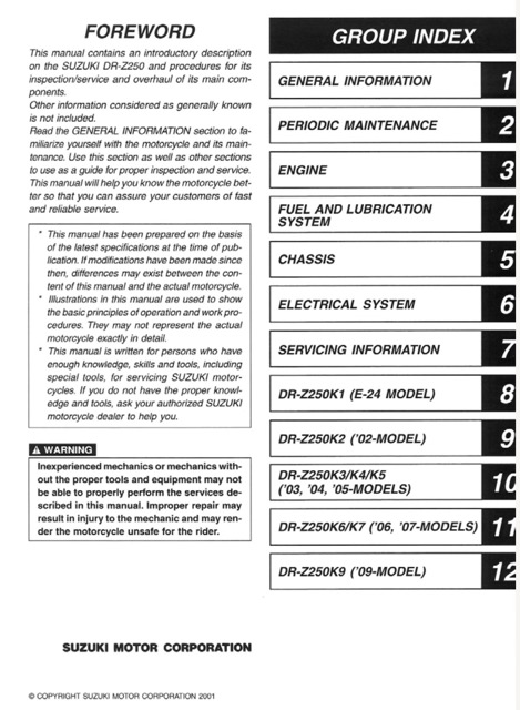 2001-2009 Suzuki DR-Z250 Service Manual