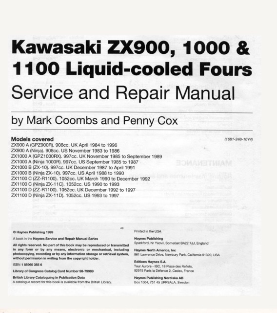 1983-1997 Kawasaki ZX900, 1000, 1100 Liquid-cooled Fours Service Manual
