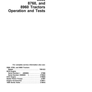 John Deere 8560, 8760, 8960 Tractors Operation and Tests Technical Manual